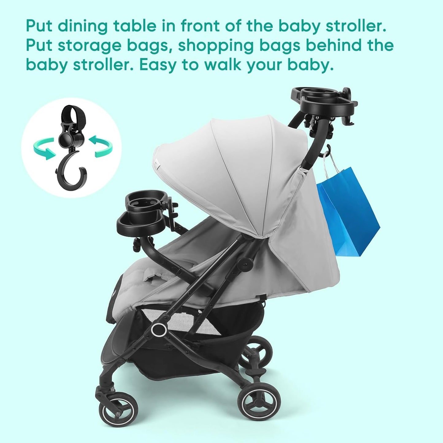 Universal Stroller Snack Tray, 4 in 1 Stroller Tray Attachment with Cups Phone Holder for Baby Toddler Stroller, 360° Rotation Universal Stroller Tray Compatible with Uppababy, Baby Jogger, etc