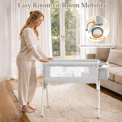 Baby Bassinet Bedside Crib for Newborn, 4-in-1 Baby Bassinet Bedside Sleeper with Mesh & Mattress, Easy Move Crib for Newborns with Lockable Wheels & Storage Basket, 4-Adjustable Height(Grey) | Bassinet with Wheels, Storage Basket, 4 Height Adjustable