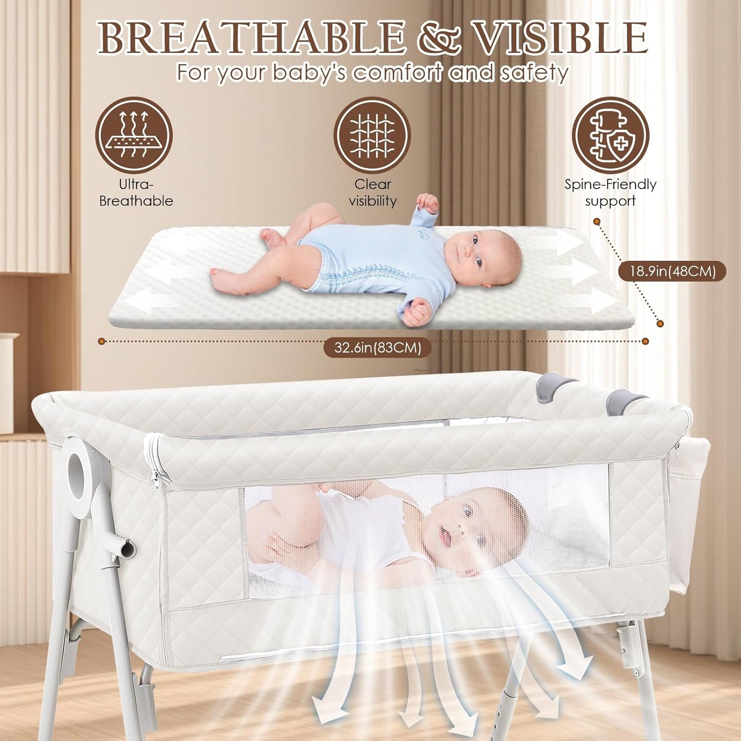 Baby Bassinet Bedside Crib for Newborn, 4-in-1 Baby Bassinet Bedside Sleeper with Mesh & Mattress, Easy Move Crib for Newborns with Lockable Wheels & Storage Basket, 4-Adjustable Height(Grey) | Bassinet with Wheels, Storage Basket, 4 Height Adjustable