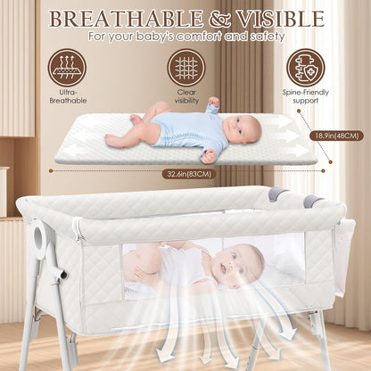 Baby Bassinet Bedside Crib for Newborn, 4-in-1 Baby Bassinet Bedside Sleeper with Mesh & Mattress, Easy Move Crib for Newborns with Lockable Wheels & Storage Basket, 4-Adjustable Height(Grey) | Bassinet with Wheels, Storage Basket, 4 Height Adjustable