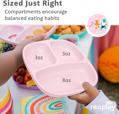Re-Play Toddler Plates with Dividers - Deep-Walled 3 Compartments Divided Plates for Kids - Dishwasher & Microwave Safe - Made in USA - Set of 3-7.37" x 7.37" x 1.25" - Beach Baby