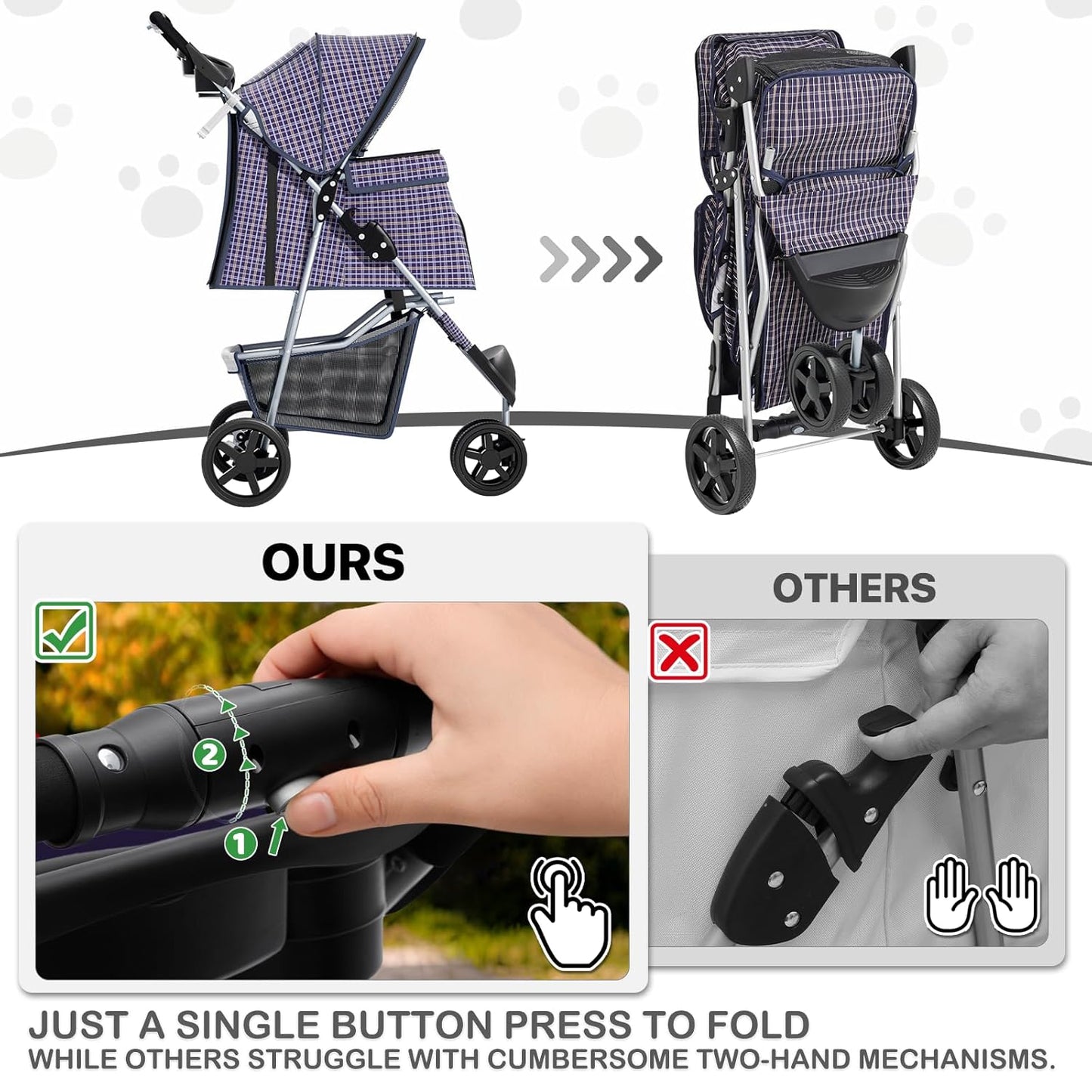 MoNiBloom Foldable Pet Stroller with Weather Cover, 3 Wheels Pet Strolling Cart for Small/Medium Dogs and Cats with Storage Basket and Cup Holder, Breathable and Visible Mesh for All-Season, Black