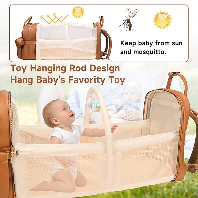 ANWTOTU Leather Baby Diaper Bags with Changing Station,Extra large Capacity Baby Diaper Bag Backpack,Waterproof Baby Essentials(Brown)