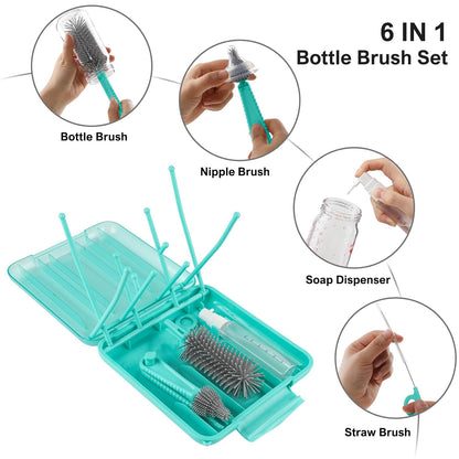 Bottle Brush Set -Baby Travel Essential-6 in 1 Bottle Cleaner Kit with Silicone Bottle Brush,Nipple Cleaner Brush,Straw Brush,Soap Dispenser,Storage Box,Bottle Drying Rack for Home and Travel(Green)