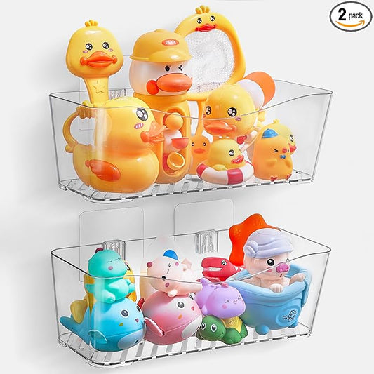 Antimbee Clear Bath Toy Storage, Large Capacity Bath Toy Holder, Quick Dry Bathtub Toy Storage Organizer, No Drill Adhesive Shower Caddy, Bathroom Shower Toy Basket for Baby Toddler Kids, 2 Pack