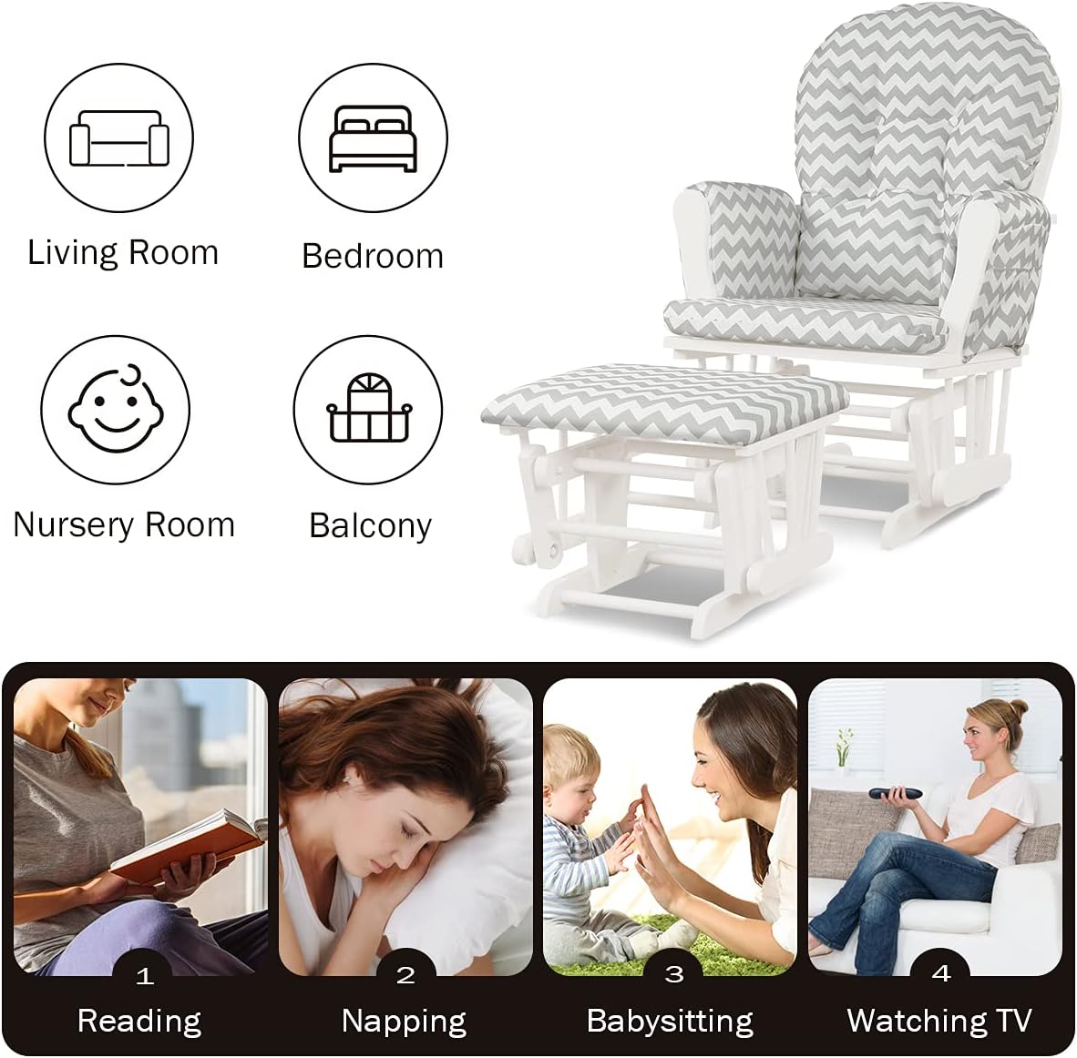 Costzon Nursery Glider with Ottoman, Upholstered Comfort Glider Rocker with Padded Cushion, Storage Pocket, Solid Wood Base, Rocking Chair Nursery for Breastfeeding, Napping (Light Gray)