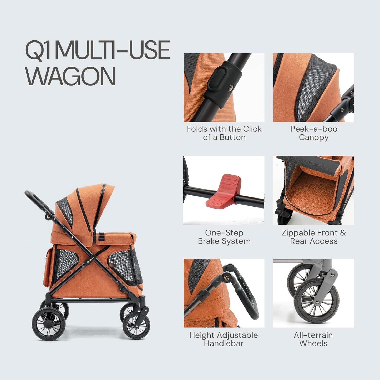 Familidoo Q1 Multi-Use Kids Wagon Stroller – Foldable, Lightweight & All-Terrain for Kids & Pets – 5-Point Safety Harness, Rain Cover & Compact Travel Design – Supports Up to 132 lbs (Sage Green)
