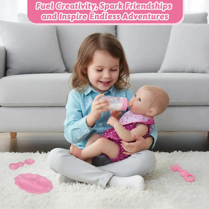 CARANOVO Baby Doll Accessories Set – 7 Pcs Feeding and Caring Set with Magic Disappearing Bottles, Pacifier, Diapers and Bibs Doll Pretend Play Gift for Kids