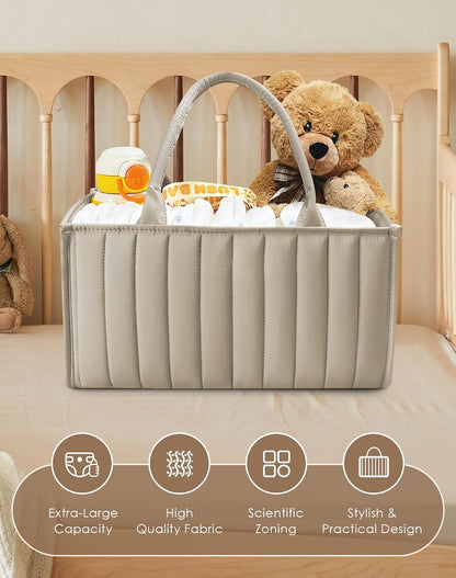 SWEET DOLPHIN 2-Pack Quilted Diaper Caddy Organizer – Premium Puffer Style Nursery Storage Bins – Water-Resistant & Wipeable Changing Table Organizer – Trendy Tote for Home & Car Travel - Mocha Brown