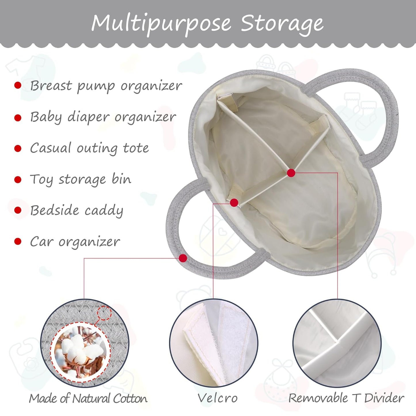 COMSE Baby Diaper Caddy Organizer, Car Caddy, Diaper Change Organizer, Gift Baskets Empty, Portable Tote Bag with Divider, Baby Shower Gifts Newborn Essentials Registry Must Have, Light pink