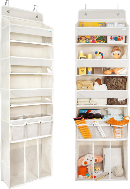 Door Hanging Storage Organizer,with 3 Bins 1 Movable Baby Diaper Caddy,1 Large capacity diaper stacking storage Organizer,10 Side Pockets ,Bedroom Door Storage for Nursery Baby Essentials. (Dark grey)