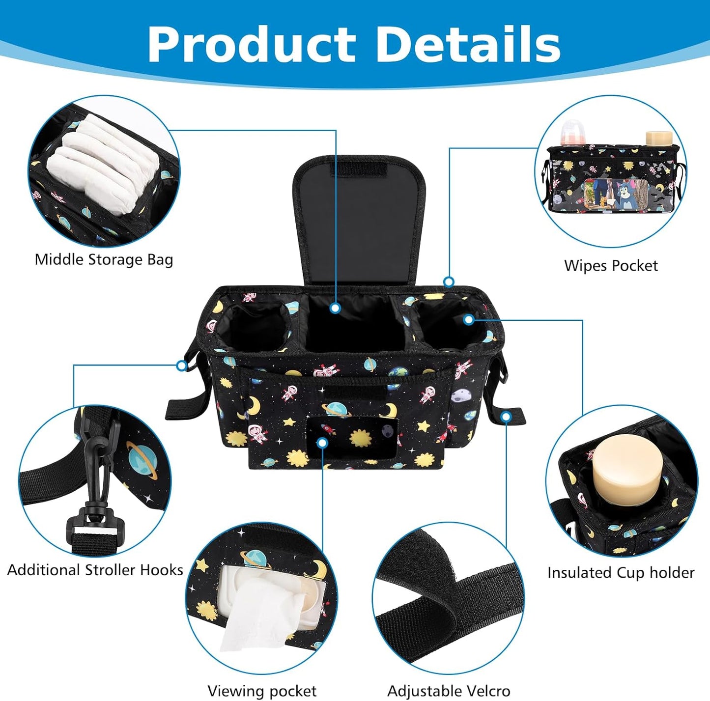 Accmor Universal Stroller Organizer with Insulated Cup Holder and Shoulder Strap, Stroller Caddy Bag Stroller Cup Holder Attachment for Uppababy, Baby Jogger, Britax Strollers, Black