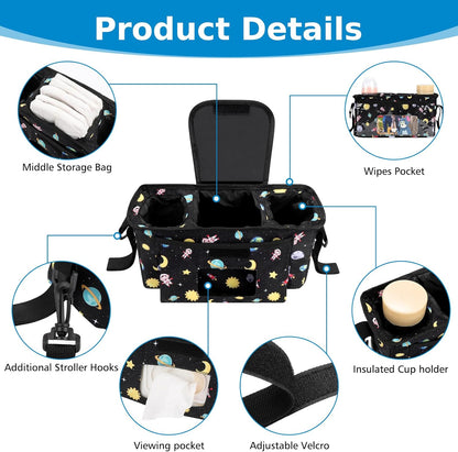 Accmor Universal Stroller Organizer with Insulated Cup Holder and Shoulder Strap, Stroller Caddy Bag Stroller Cup Holder Attachment for Uppababy, Baby Jogger, Britax Strollers, Black