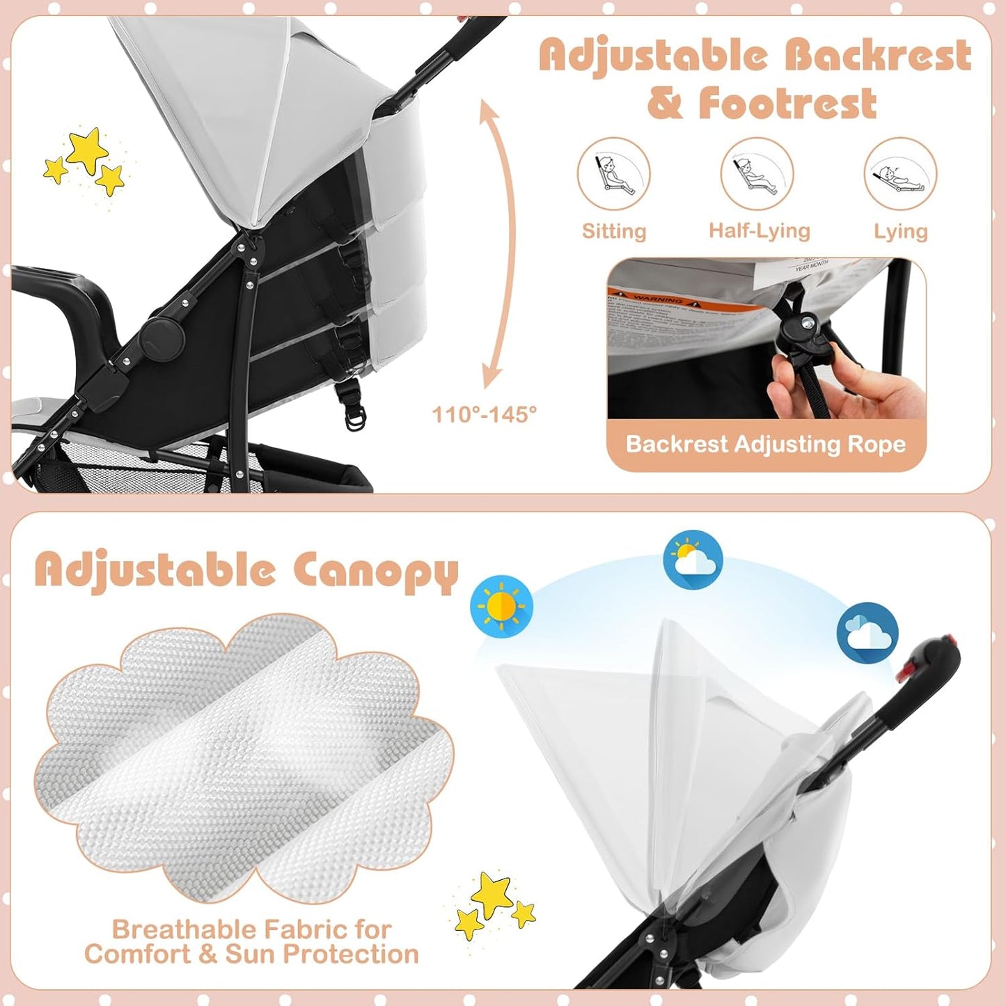 HONEY JOY Lightweight Stroller, Compact Travel Stroller for Airplane, Toddler Fold Pushchair w/Adjustable Canopy & Backrest, Storage Basket, Umbrella Stroller for Infants (Gray)