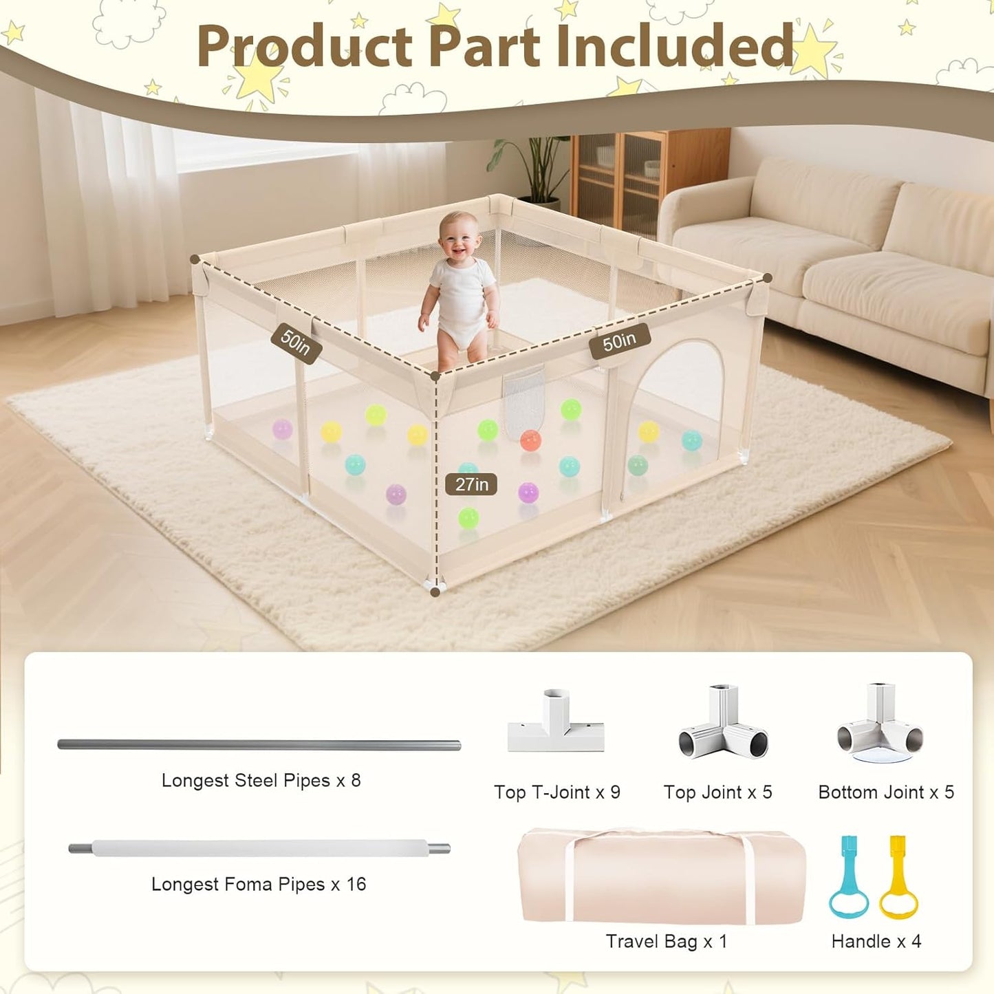 Baby Playpen with Mat 79x71inch - Extra Large Play Pen for Babies and Toddlers Indoor & Outdoor Baby Playard with Soft Breathable Mesh Cover - Sturdy Foam Infant Gate Playpen(Apricot)