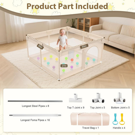 Baby Playpen with Mat 79x71inch - Extra Large Play Pen for Babies and Toddlers Indoor & Outdoor Baby Playard with Soft Breathable Mesh Cover - Sturdy Foam Infant Gate Playpen(Apricot)