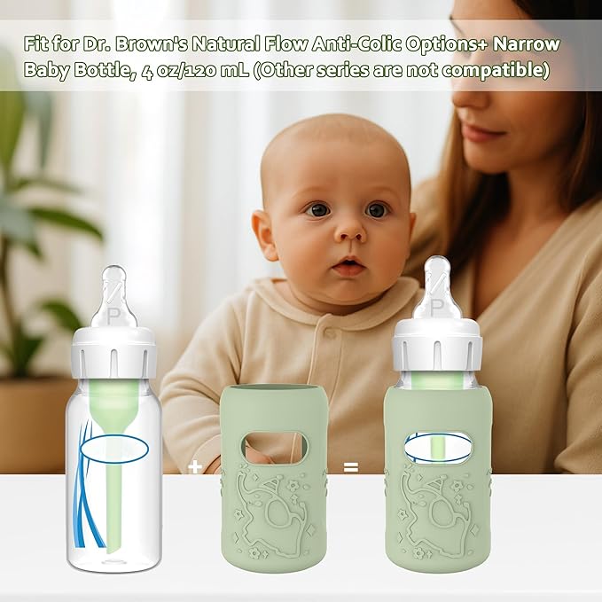 KingKam 4 Pack Silicone Sleeves for Dr. Brown's Glass Baby Bottles, Anti Breakage Baby Bottle Sleeves Holder, Compatible with Dr. Brown's Anti-Colic Options+ Narrow Glass Baby Bottles, 4 oz/120 mL
