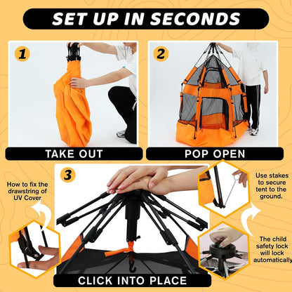 Instant Pop Up Baby Playpen with UV Canopy & Safety Lock, Portable Outdoor Beach Tent Play Yard for Toddlers, Breathable Mesh & Carry Bag, Indoor & Backyard Use (Orange)