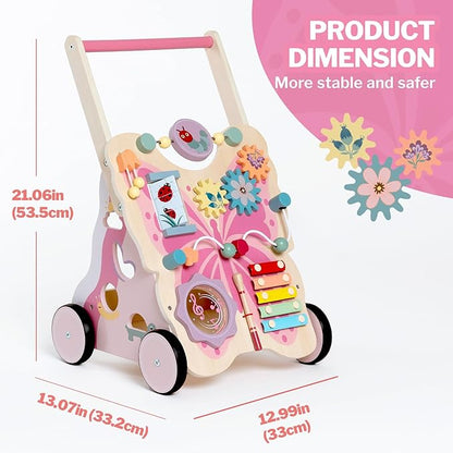 Wooden Baby Push Walker for Girls Toddler Kid 18-36months with Activity Center, Pink Butterfly Montessori Learning Push Walker with Wheels, Push Toy Develop Motor Skills Stimulates Creativity