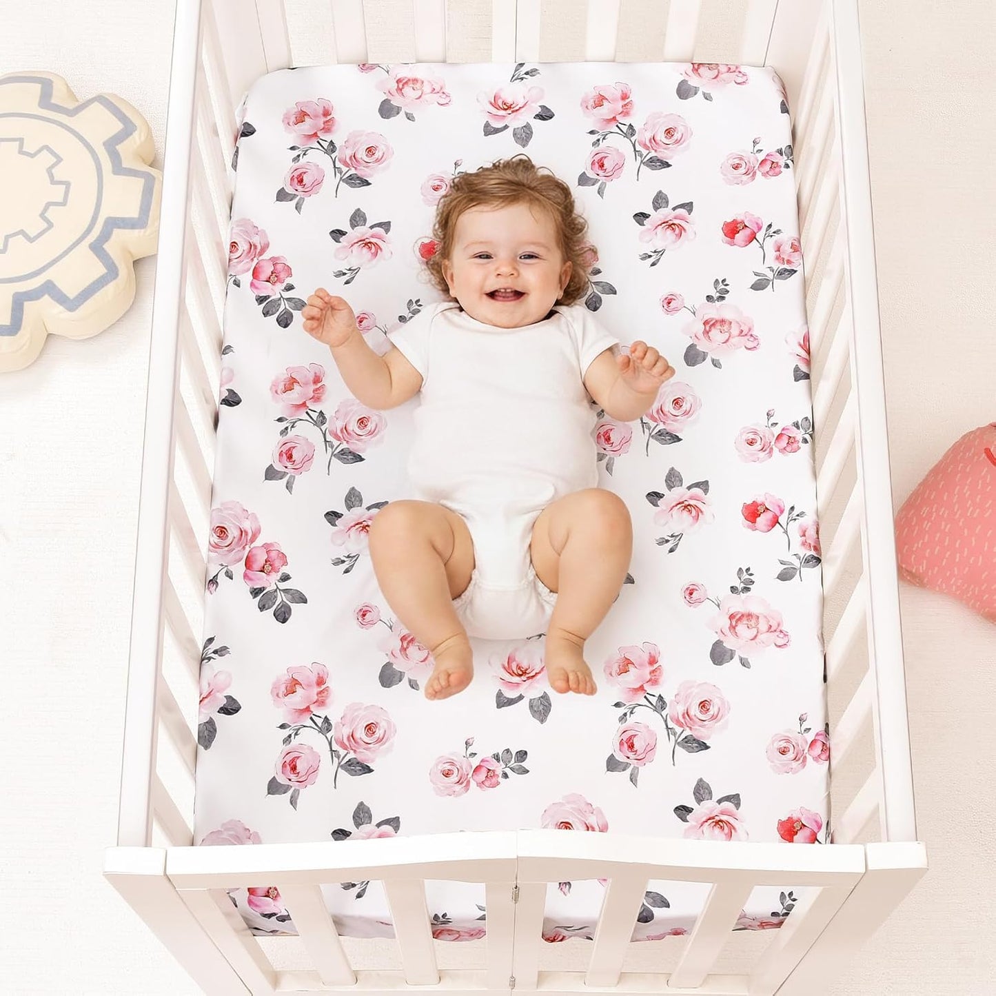 PHF 3 Pack Soft Mini Crib Sheets, Floral & Animal Pack N Play Sheets for Baby Boys Girls, No Slip Universal Fit for Pack N Play, Playard, Portable and Mini Crib Mattresses,Floral & Animal
