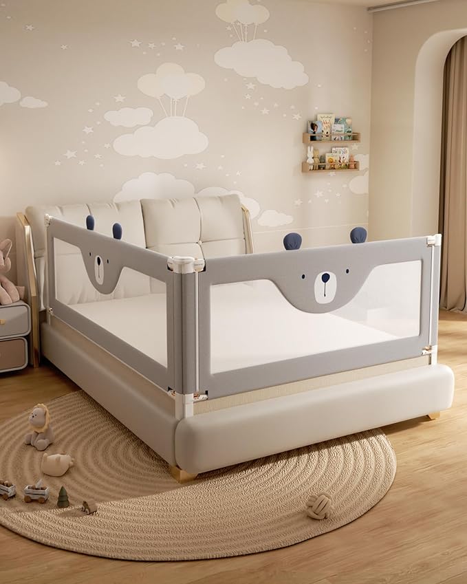2 Piece Full Size Bed Rails for Toddlers, No-Drill Needed Baby Bed Rail Guard with Height Adjustable, Thickened Child Safety Side Railing Guards/Bedrail for Kids,Grey Bear Cute Design, 54x74.8Inches