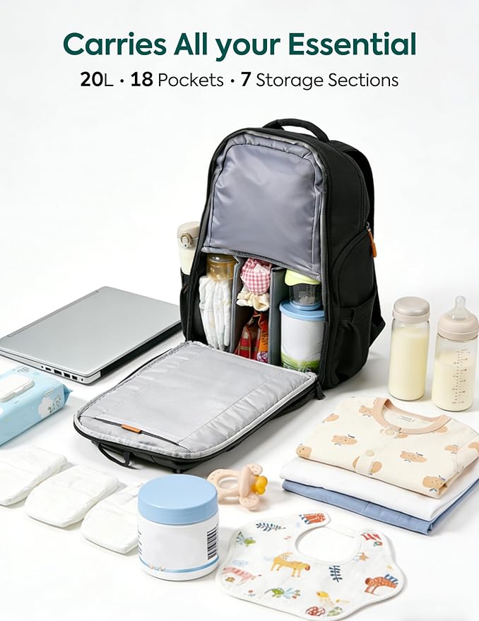 Babelio Grid Wizard Diaper Bag Backpack - Multi Function Waterproof Diaper Bag, Travel Essentials Baby Bag with Insulated Bottle Holders, Baby Shower Gifts, Black