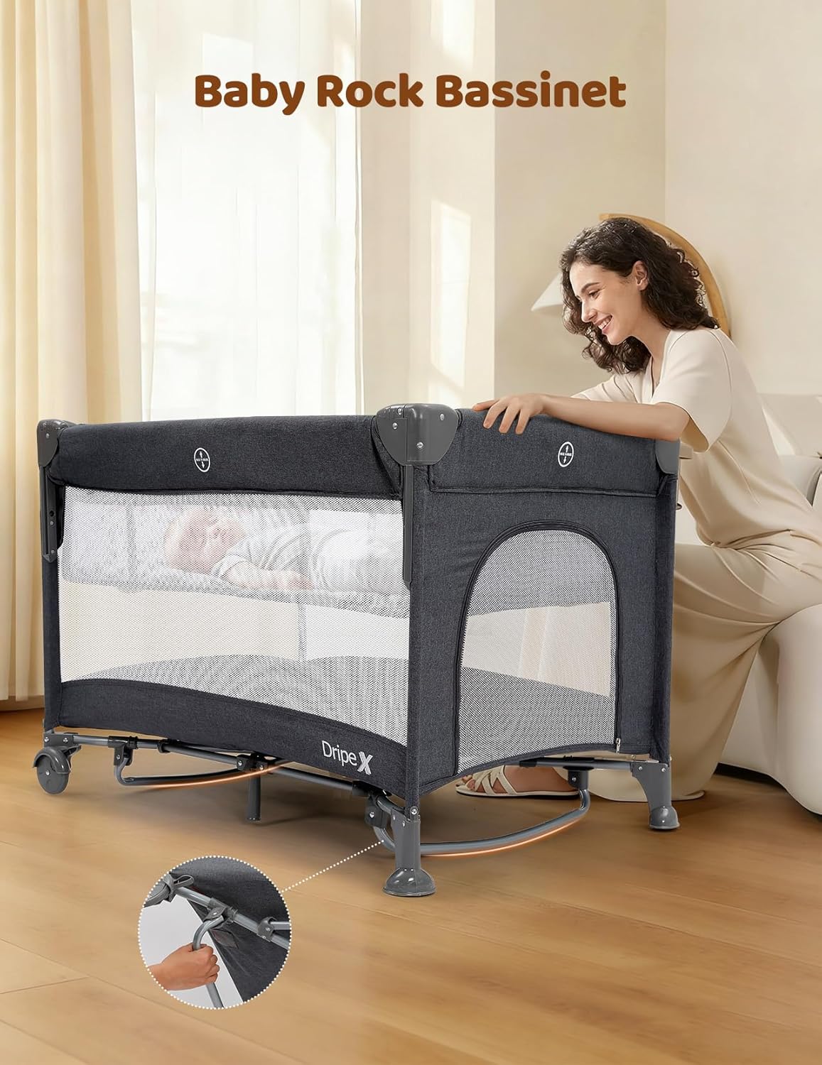 Dripex 5 in 1 Pack n Play Bedside Sleeper, 2-Level Height Baby Crib, Storage Pocket & Breathable Mesh - Foldable Portable Baby Bedside Bassinet for 0 to 12 Months (Travel/Home), Dark Grey