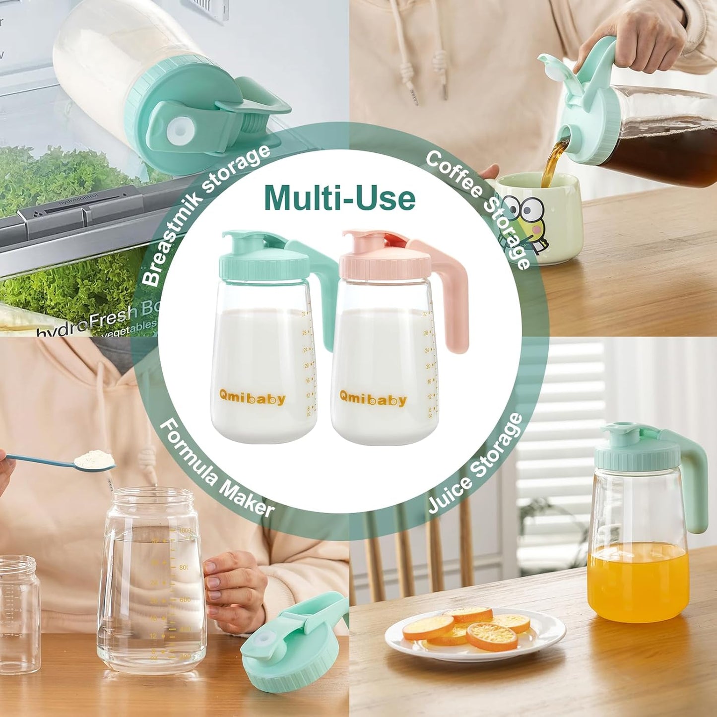 Breast Milk Storage Pitcher 34oz, Borosilicate Glass Breast Milk Container with Leakproof Lid & Handle, BPA Free Fridge Freezer Safe Breastfeeding Essentials for New Mom (Green)