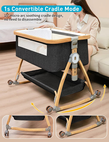 Baby Bassinet, Bedside Bassinet for Baby, 4 in 1 Portable Bassinet Bedside Sleeper with Wheels Mosquito Net & Storage Basket, 6 Height Adjustable Rocking Bassinet for Newborn Baby
