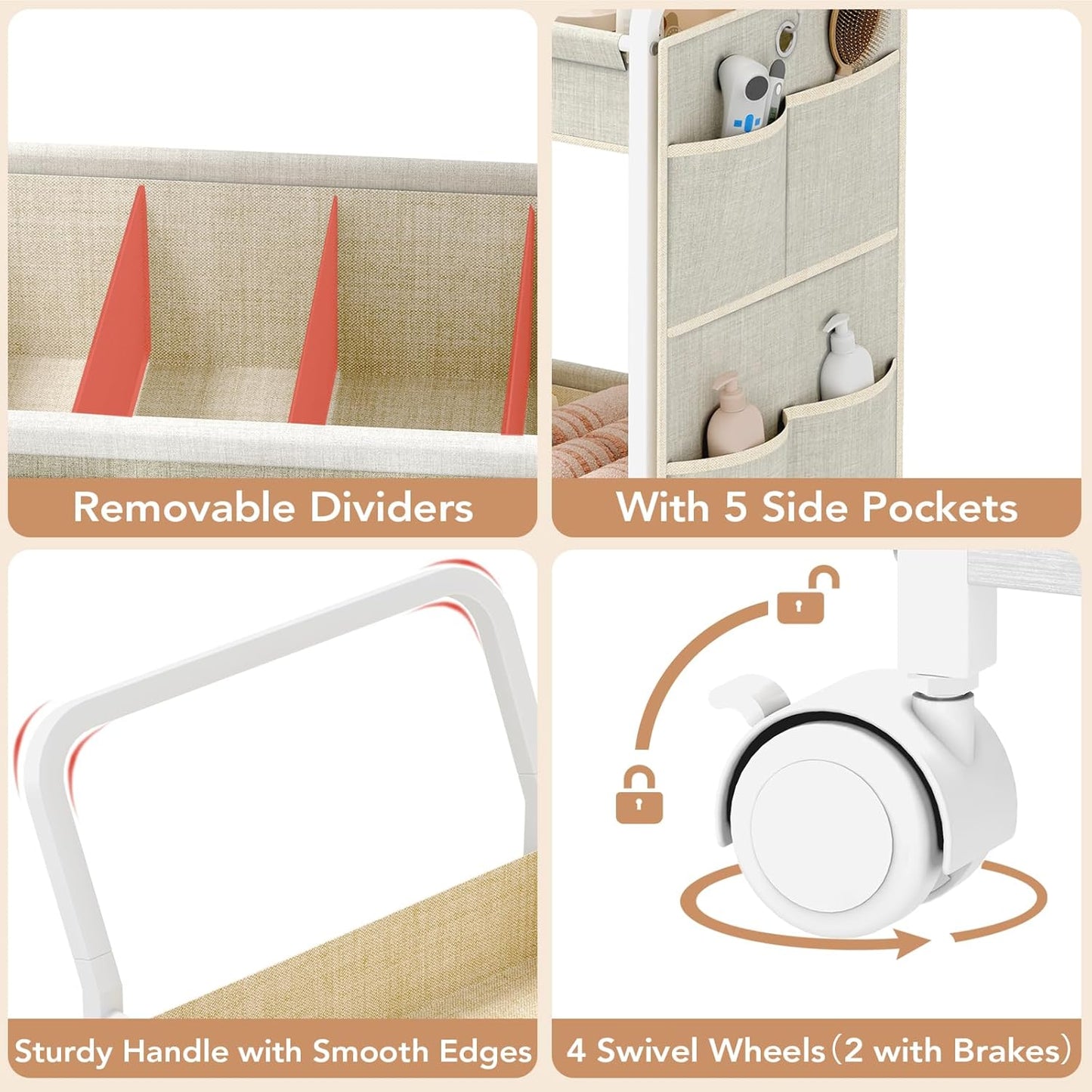 BBLIKE 3-Tier Diaper Caddy Organizer - Rolling Utility Baby Cart with Drawer and Side Pockets for Nursery and Baby Essentials, Multi-Function Cart for Bedroom and Bathroom, White