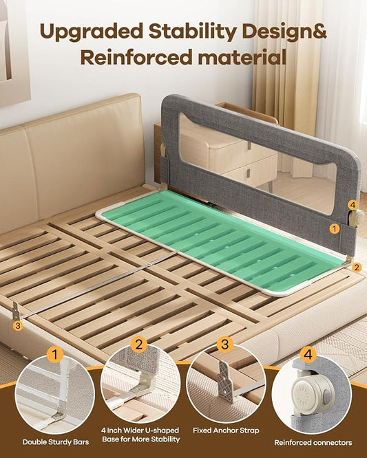Foldable Bed Rail for Toddlers, 59in Reinforced Carbon Steel Frame&Connectors, Breathable Cationic Fabric, Safety Toddler Bed Rails for Queen, King, Twin, Full, No-Tool Setup.