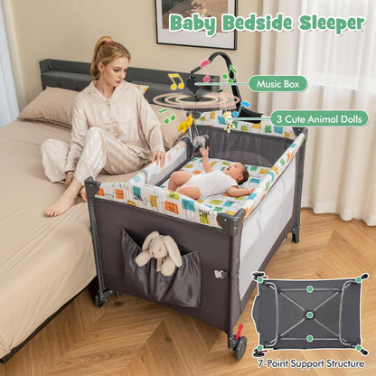 HONEY JOY Baby Bedside Sleeper, 6-in-1 Pack and Play w/Infant Bassinet, Diaper Changing Table & Portable Play Yard, 3 Adjustable Heights, Music Box & Side Storage Bag, Carry Bag(Black)