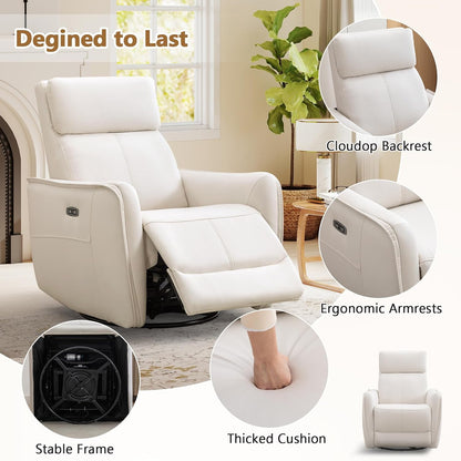 HAOMARKETS Electric Swivel Rocker Recliner Chair, Power Faux Leather Glider Rocking Recliners for Adults,360° Swivel Nursery Reclining Sofa with USB Charging Port, White