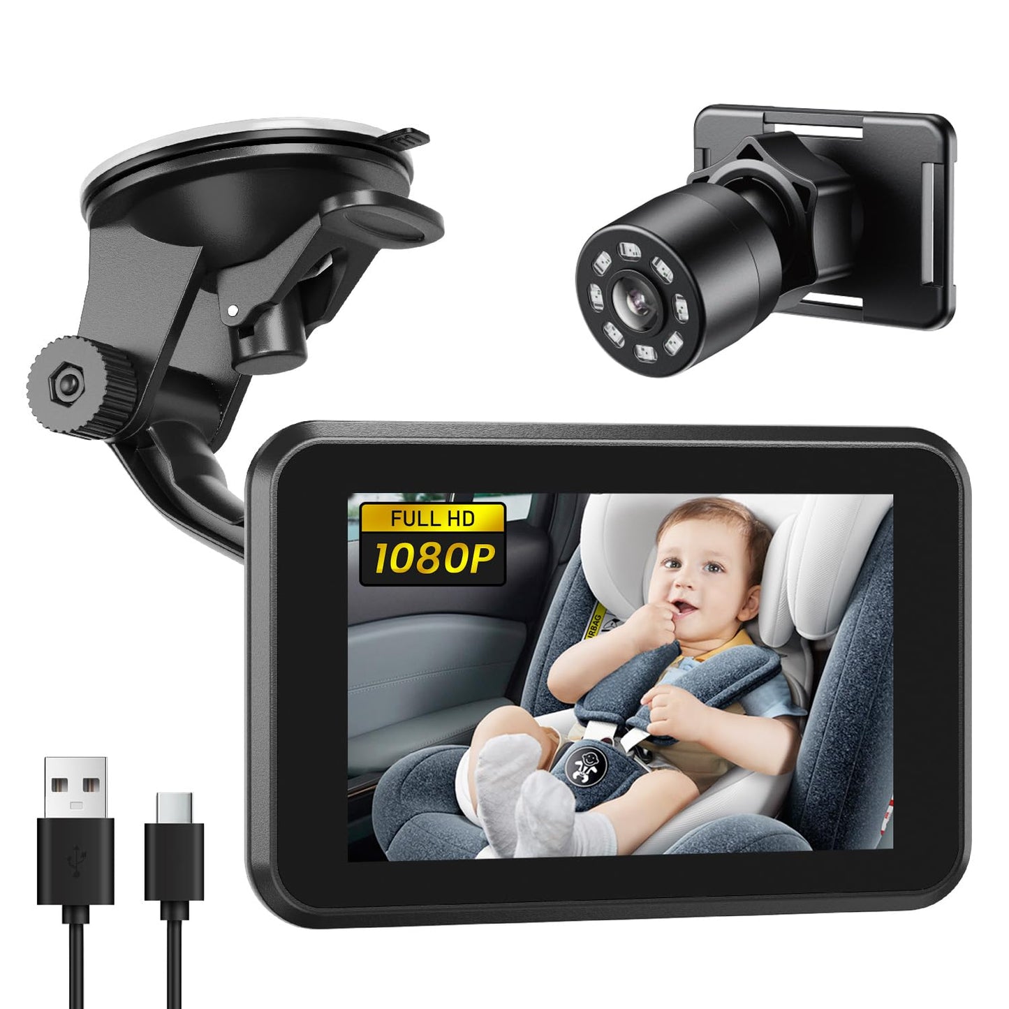 Itomoro Baby Car Camera USB Plug, 4.3" HD Car Baby Monitor with Camera Night Vision, Safety Seat Baby Car Mirror for Rear Facing 5 Mins Easy Installation