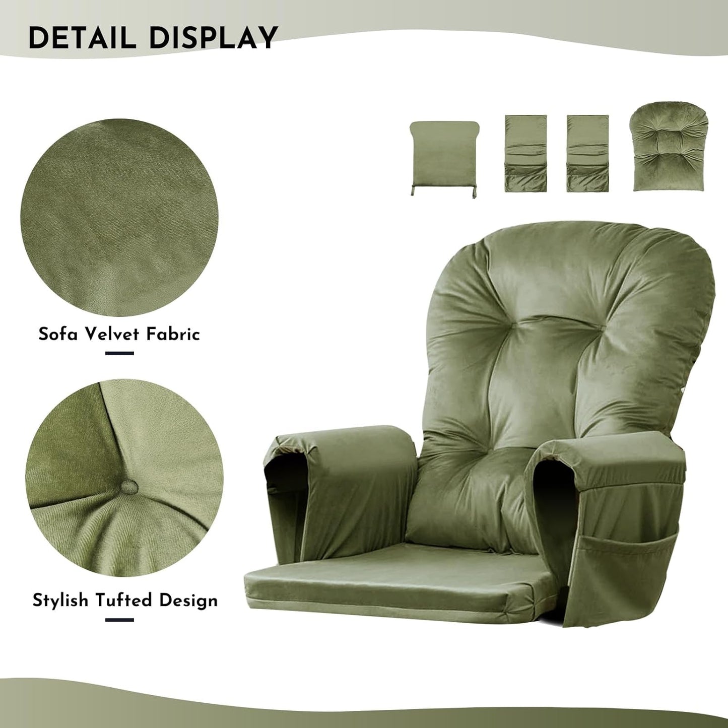 Lucky Monet 5Pcs Glider Rocker Replacement Cushions - Velvet Glider Cushions Replacement Set with Side Storage Pockets, Thick Glider Chair Cushions Washable & Non Slip, Cushion ONLY - Beige