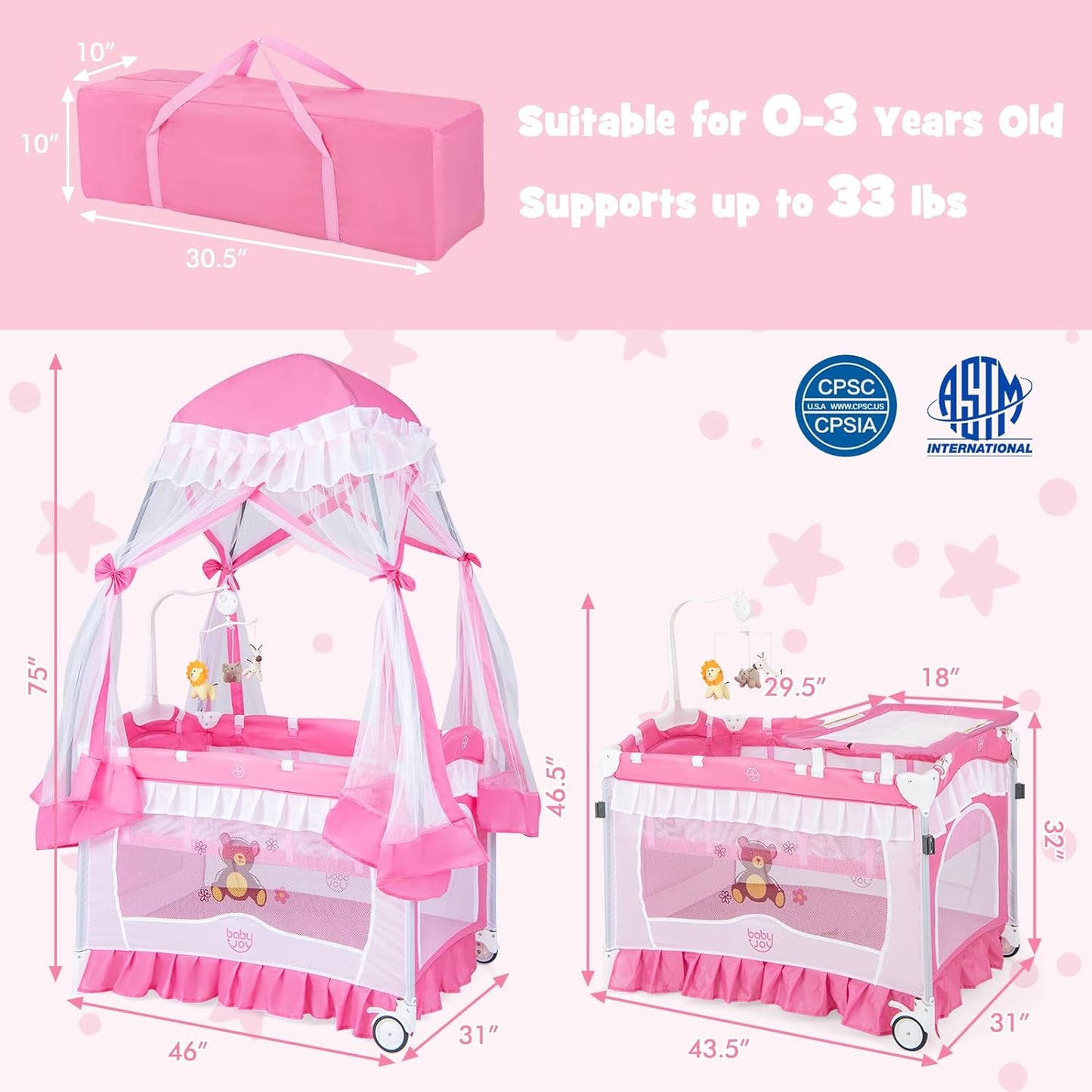 BABY JOY 4 in 1 Pack and Play with Canopy, Portable Baby Playard with Bassinet, Double-Layer Baby Crib, Wheels & Brake, Foldable Baby Girl Pink Princess Bassinet from Newborn to Toddler