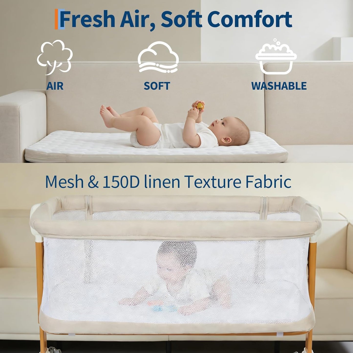 Garvee 3-in-1 Baby Bassinet, Bedside Sleeper for Newborn, 6 Height Adjustable, Full Mesh Breathable Side, Lockable Wheels, Large Storage, Portable Rocking Crib for Night Feeding, ASTM & CPC Certified