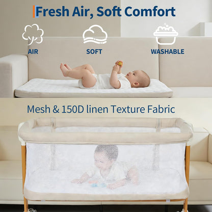 Garvee 3-in-1 Baby Bassinet, Bedside Sleeper for Newborn, 6 Height Adjustable, Full Mesh Breathable Side, Lockable Wheels, Large Storage, Portable Rocking Crib for Night Feeding, ASTM & CPC Certified