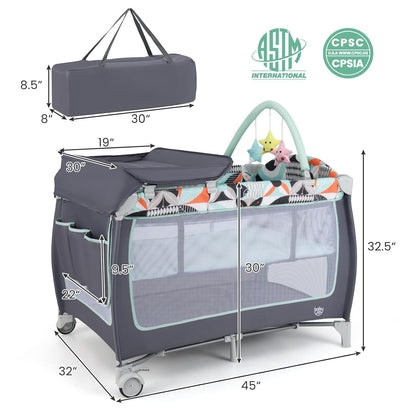 BABY JOY 4 in 1 Pack and Play, Portable Baby Playard with Bassinet, Side Zipper Door, Changing Table, Indoor Outdoor Travel Nursery Center w/Hanging Bar, Lockable Wheels, Carry Bag