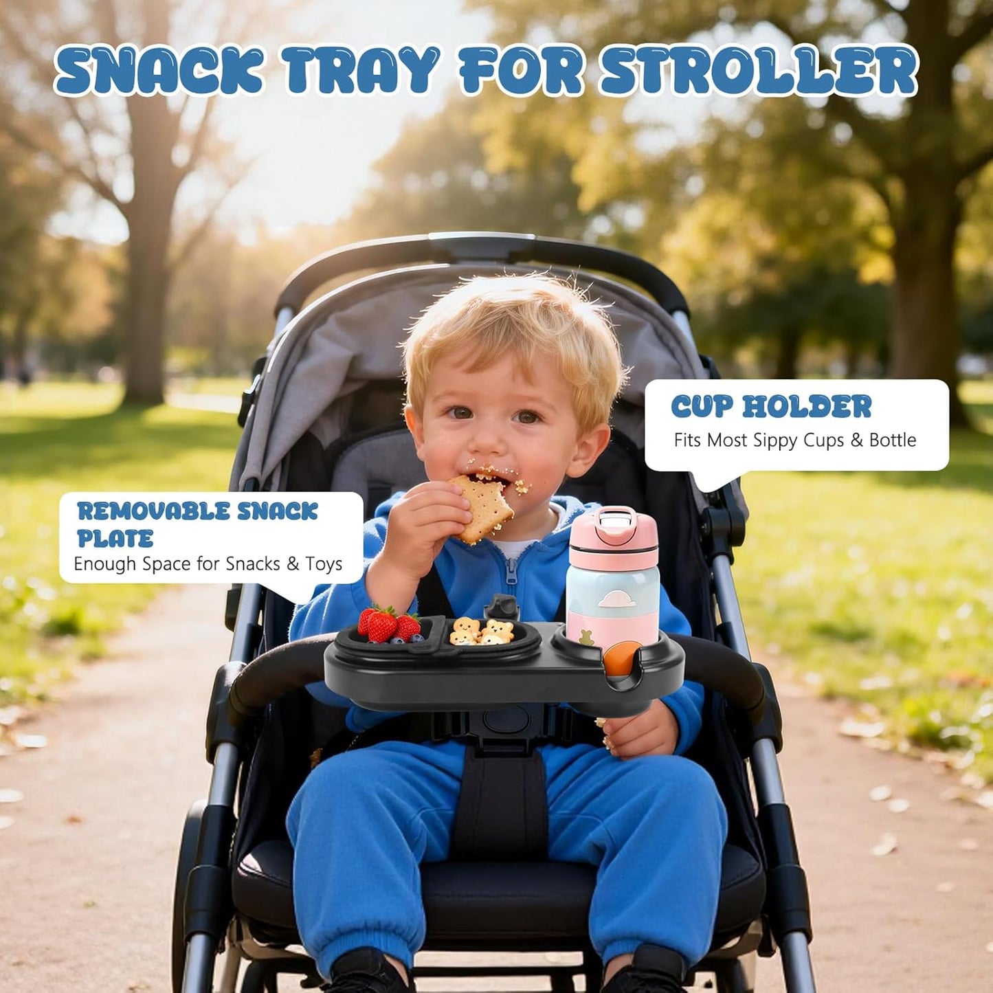 Universal Stroller Snack Tray, 3-in-1 Detachable Cup and Snack Holder with Silicone Arms, Separating Silicone Sleeve Set, Dishwasher-Safe Baby Stroller Accessory
