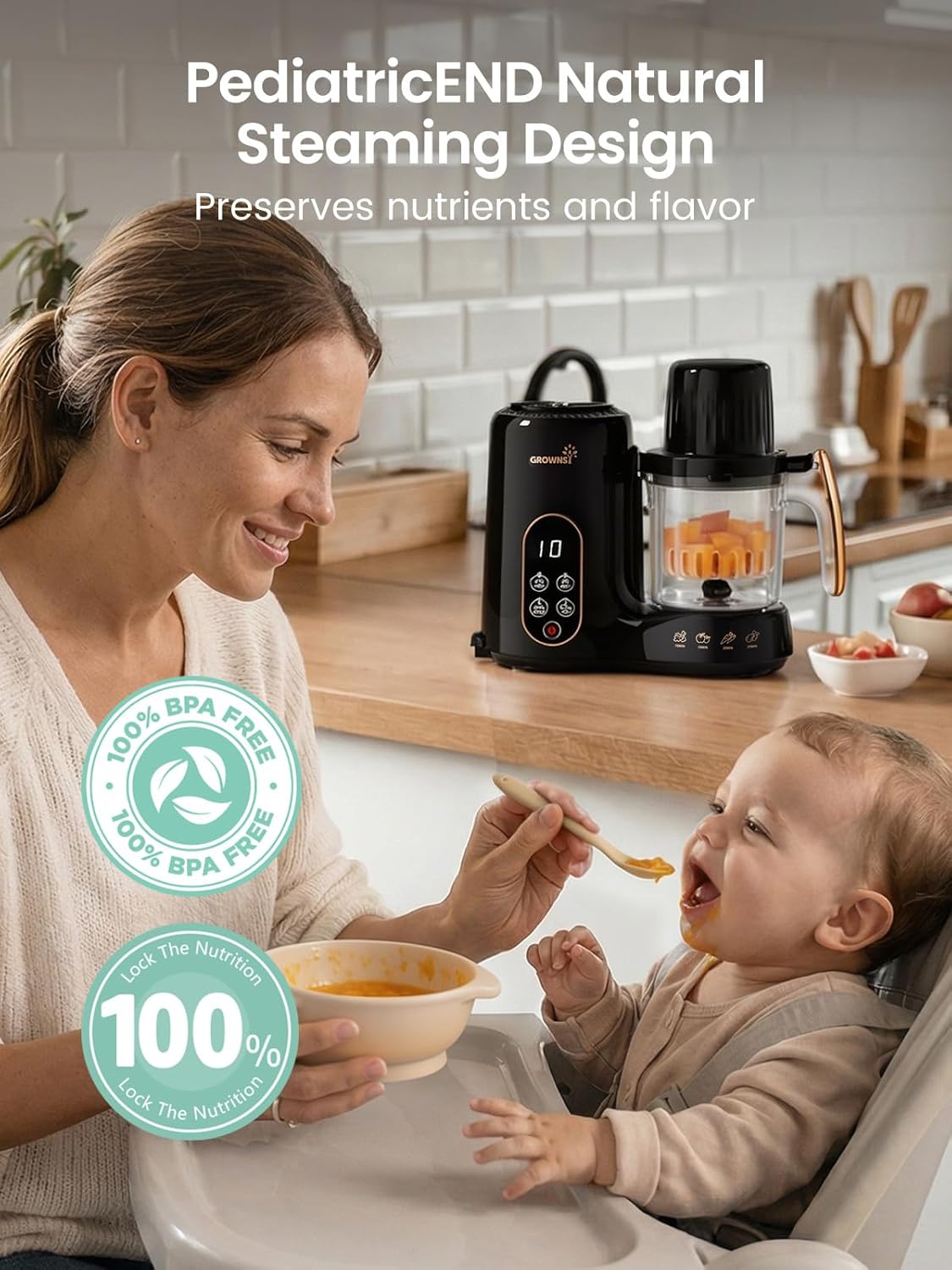 Grownsy Baby Food Maker with Dual-Layer Steam Basket | Baby Food Processor for Starting Solids & Babies 6+ Months | Steamer Blender & Puree Machine for Healthy Baby Food, BPA-Free,Black & Gold