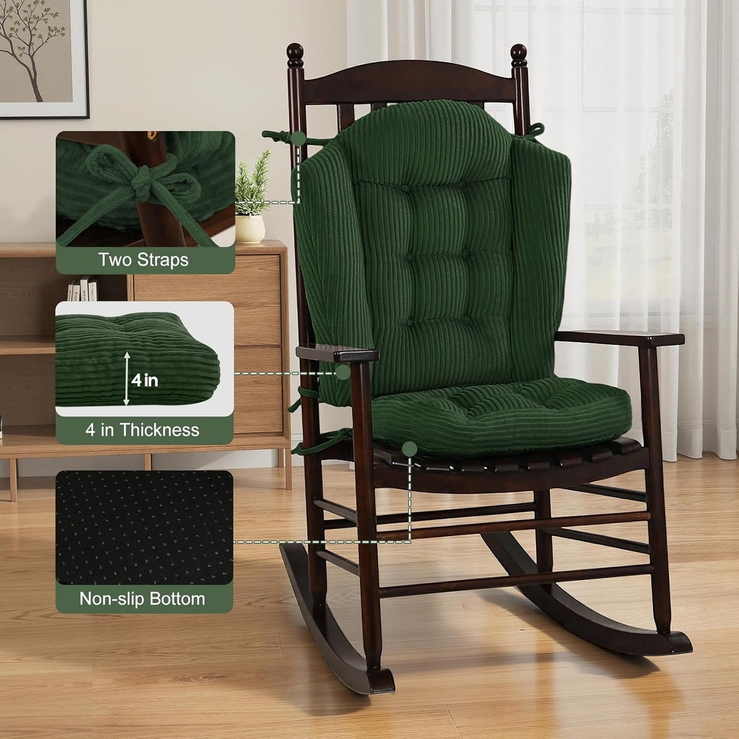 idee-home Wingback Rocking Chair Cushions Indoor, Glider Rocker Replacement Cushions with Removable Corduroy Cover, Wooden Adirondack Chair Pad Non-Slip Bottom Tufted Seat Pads with Ties, Green
