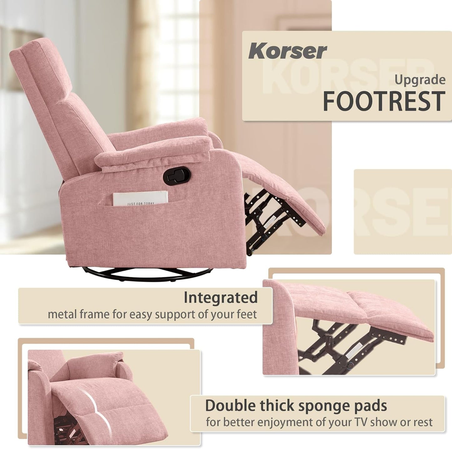 Korser Recliner Chair, Swivel Rocking Recliner Chair for Adults, Glider Rocking Chair, Small Nursery Chair Recliner for Living Room, Reclining Chair with Modern-Designed Armrests, Chenille, Beige