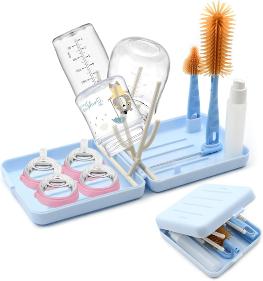 Portable Baby Bottle Brush Kit Premium Silicone Bottle Cleaner Brush, Nipple Brush, Straw Brush, Soap Dispenser, Bottle Drying Rack, and a Storage Organizer Case for Both Home and Travel Uses (White)