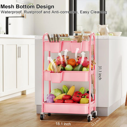 Beige 3 Tier Rolling Cart Metal on Wheels, Three Tiered Storage Organizer Utility Trolley with Wheels for Art, Craft, Baby Diaper Caddy, Snack, Book, Nail, Lash, Cleaning Supplies, Kitchen, Bathroom