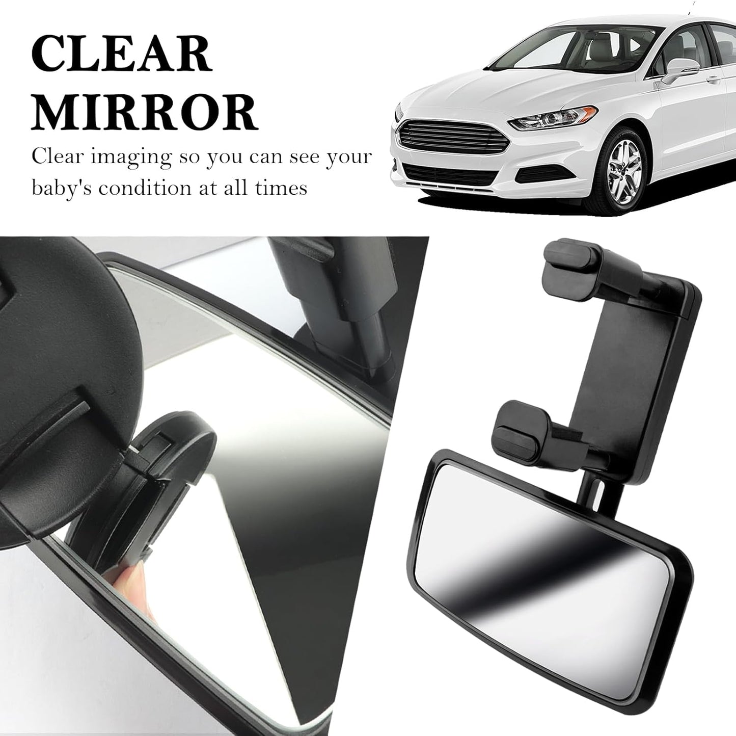 2026 Latest 360° Adjustable Car Mirror for Baby,Clip on Baby Rear View Mirror for Car with Retractable Clamping Arm,Universal Curved Backseat Mirrors for Babies Observing & Safety
