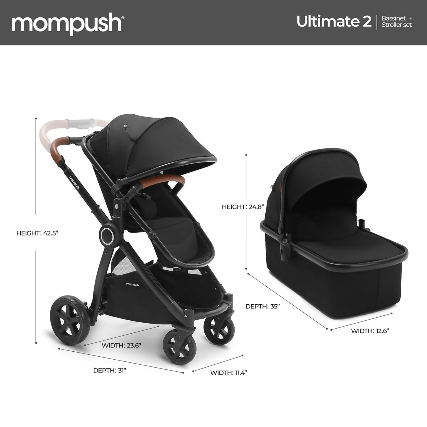 Mompush Ultimate2 Baby Stroller, Premium Convertible Full-Size Stroller for Toddler, Reversible Seat with One Hand Recline Adjustment, Car Seat Adapter Included