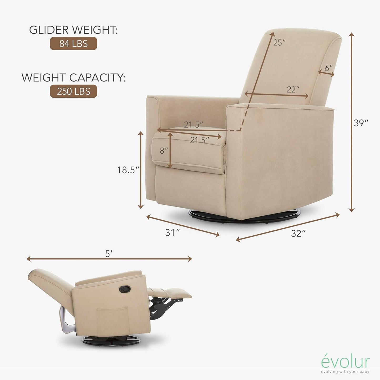 Evolur Raleigh Upholstered Manual Glider Recliner– Rocking & 360° Swivel with Smooth Glide – Greenguard Gold & FSC Certified – Modern Nursery and Living Room Chair in Light Sand