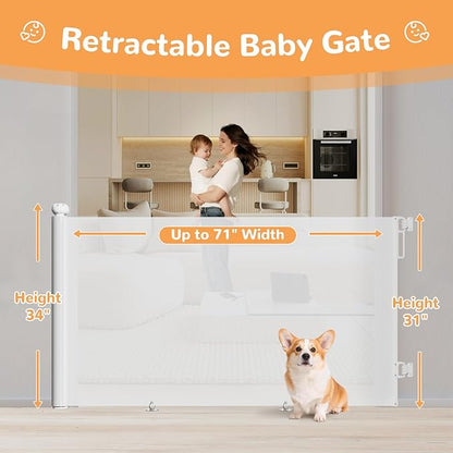 71" Wide Retractable Baby Gate for Stairs and Doorways - 34" Tall Mesh Safety Gate with Anti-Crawl Hook, Adjustable Baseboard Bracket, Pet Gate for Hallways, Kitchen, Indoor Outdoor, White