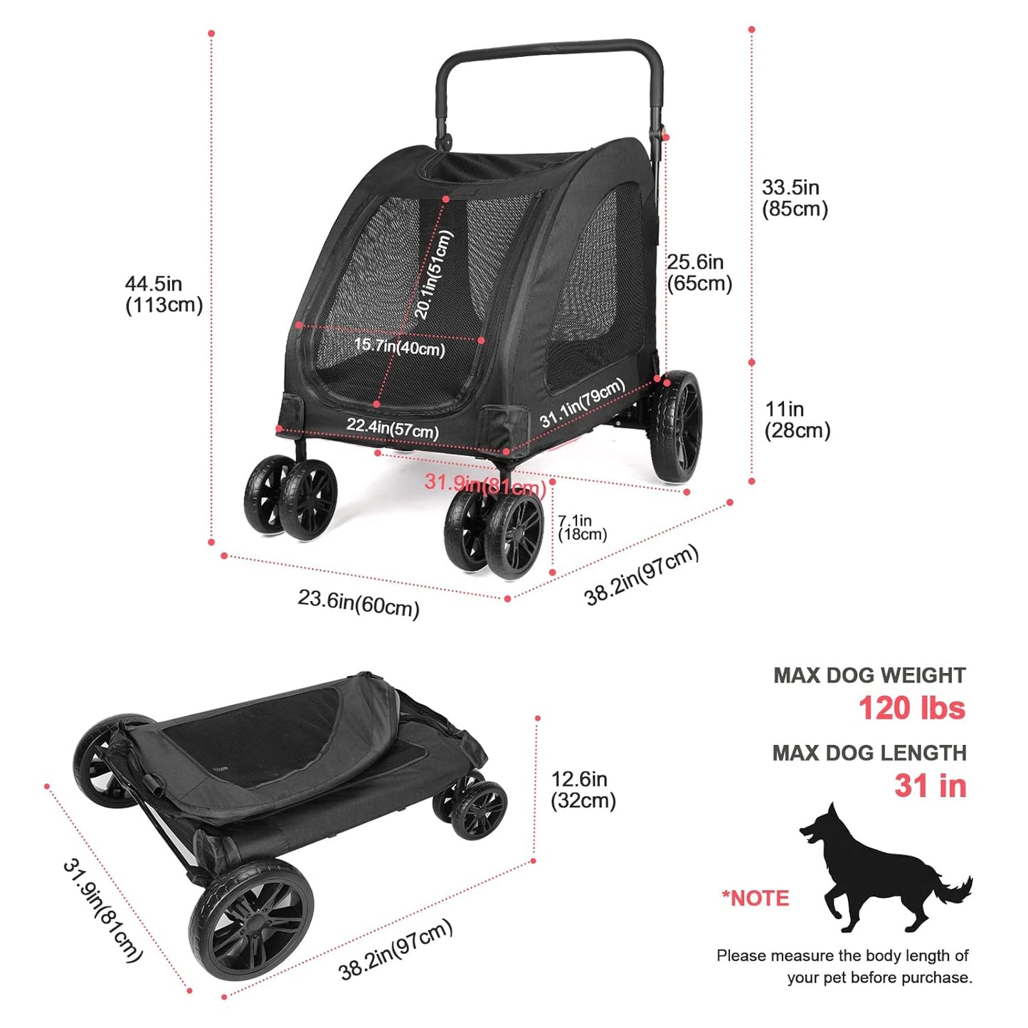 Large Dog Travel Stroller with 4 Heavy Duty Wheels Pet Stroller with Adjustable Handle - Double Doggie Capacity Jogger Wagon with Back Front Door for Small Medium Large Dogs (Dark Light Gray)